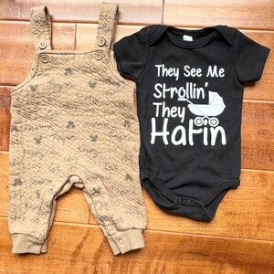 DISNEY NB Tan Quilted Mickey Mouse Overalls Suspenders‎ & Babi Essential NB